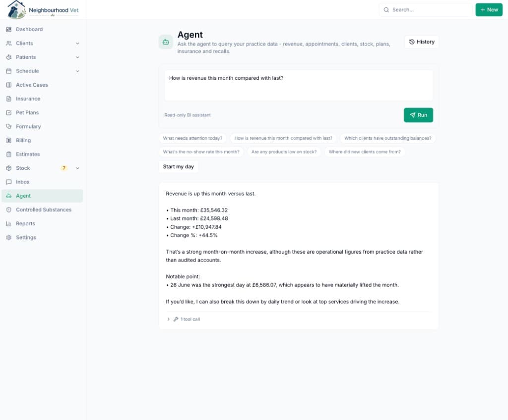 Vetrics AI agent answering a revenue comparison query with practice data insights