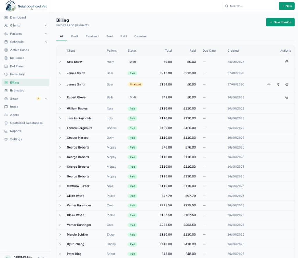 Vetrics billing screen showing invoices with client, patient, status and payment columns