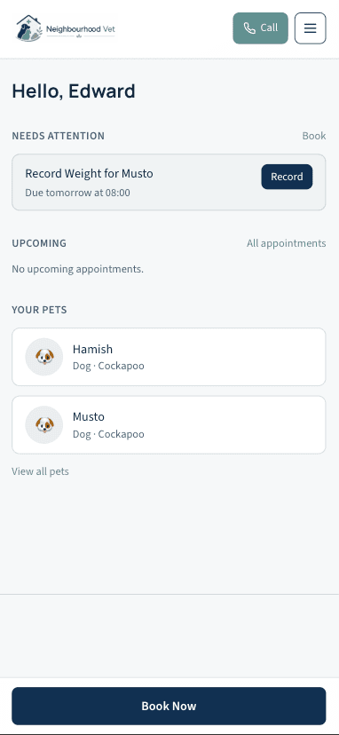Neighbourhood Vet client portal home: a due weight check for Musto, pets, and Book Now