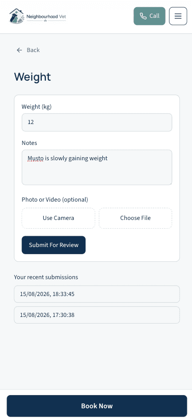 Owner weight form for Musto with notes, optional photo or video, and Submit For Review