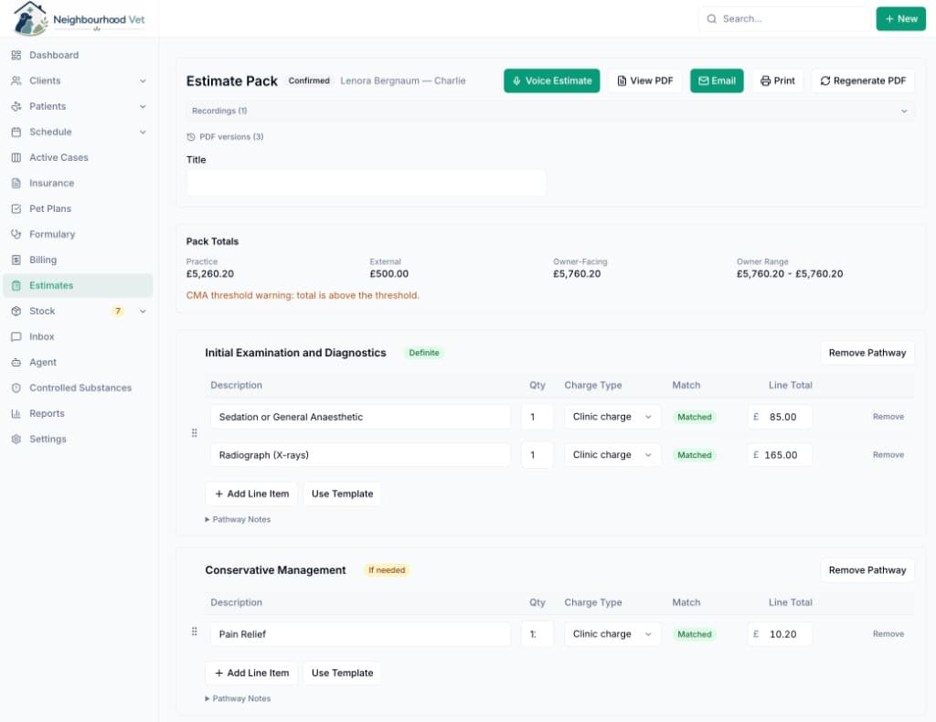Vetrics estimate pack showing multi-pathway pricing with CMA-matched line items and voice estimate recording