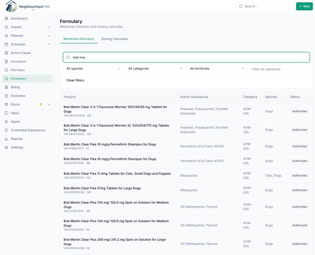 Vetrics formulary showing VMD medicines directory with active substances, categories and species filters