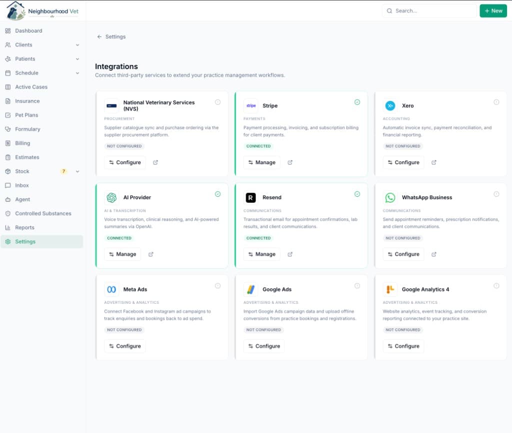 Vetrics integrations marketplace showing Stripe, Xero, Meta Ads, Google Ads and more connected services