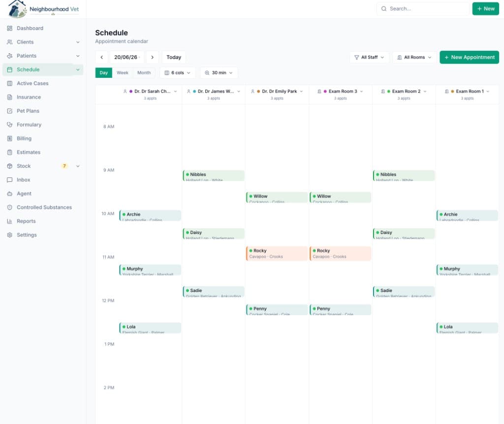 Vetrics scheduling calendar showing daily appointment columns by vet and room