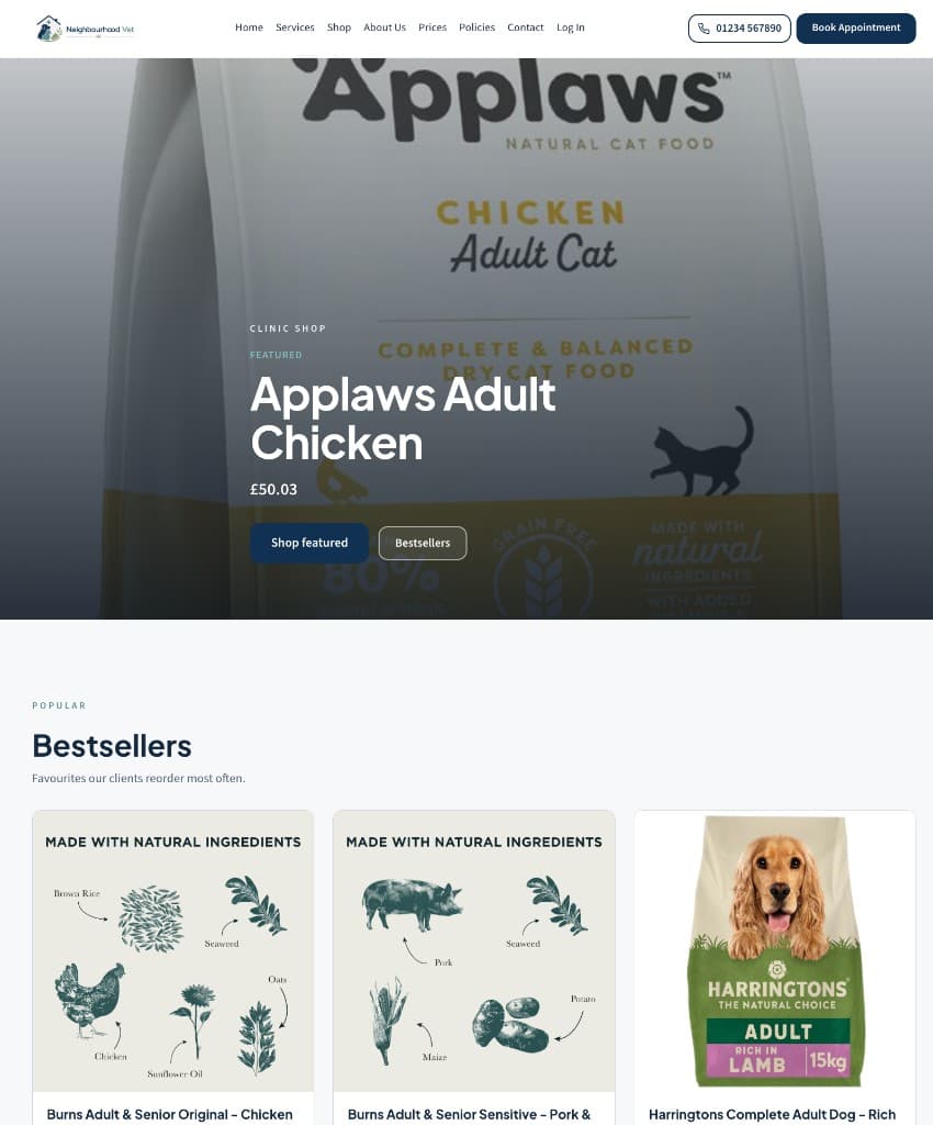 Neighbourhood Vet demo clinic shop with featured products and bestsellers