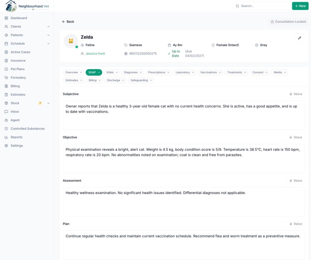 Vetrics clinical consultation interface